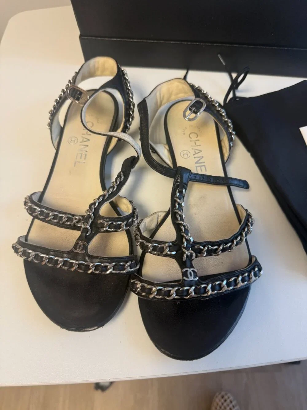 Chanel Black Leather Chain CC Logo Flat Sandal Size 37 Box Dust Bag Italy